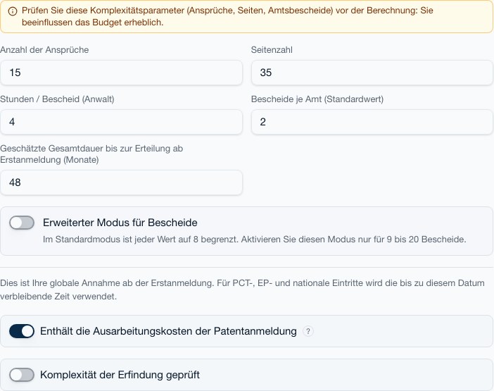 Registerkarte Komplexität: Ansprüche, Seiten, Erteilungsdauer, Bescheide und Aufrechterhaltung