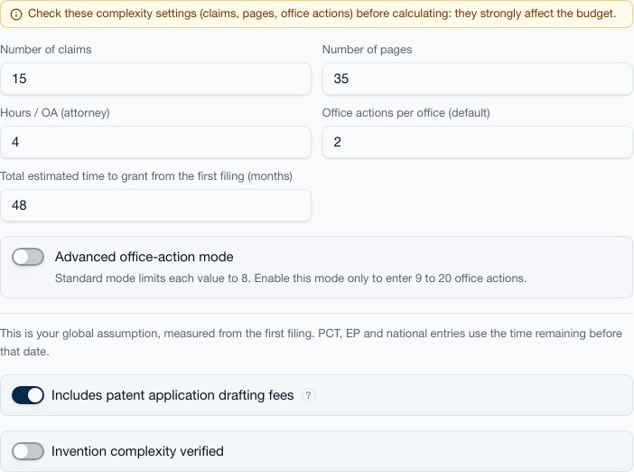 Complexity tab: claims, pages, time to grant, office actions and maintenance horizon