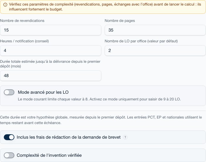 Onglet complexité : revendications, pages, délai de délivrance, notifications et durée de maintien
