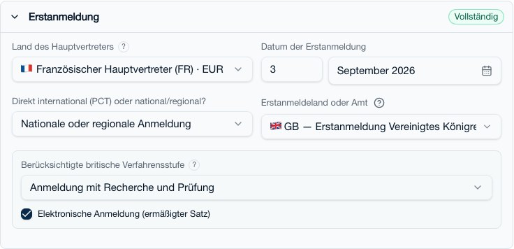 Block Erstanmeldung: Vertreterprofil, Datum, nationale oder PCT-Route, Amt und amtsspezifisches Verfahren