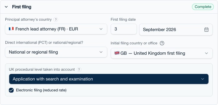 First filing block: lead attorney profile, date, national or PCT mode, office and office-specific procedure