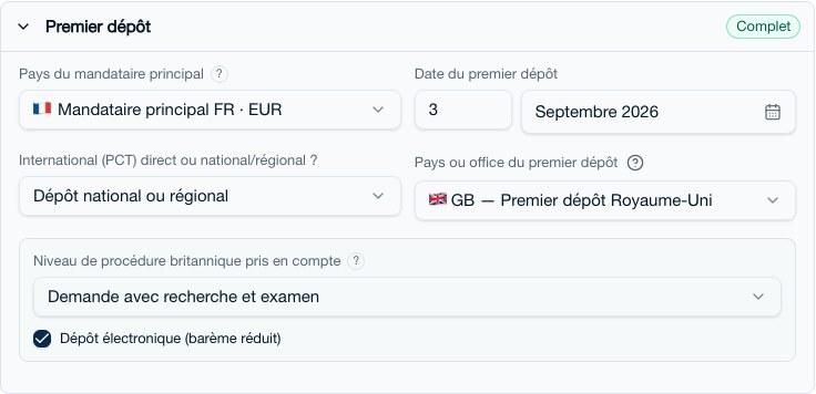 Bloc premier dépôt : profil du mandataire principal, date, mode national ou PCT, office et procédure propre à cet office