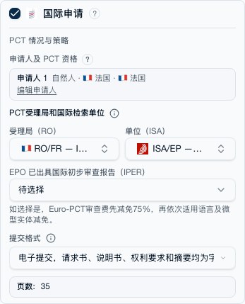 PCT 选项区块：受理局、国际检索单位、申请格式与页数