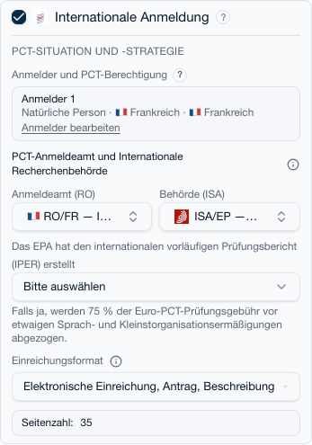 Block PCT-Optionen: Anmeldeamt, Recherchenbehörde, Anmeldeformat und Seitenzahl