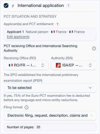 PCT options block: receiving Office, searching authority, filing format and number of pages