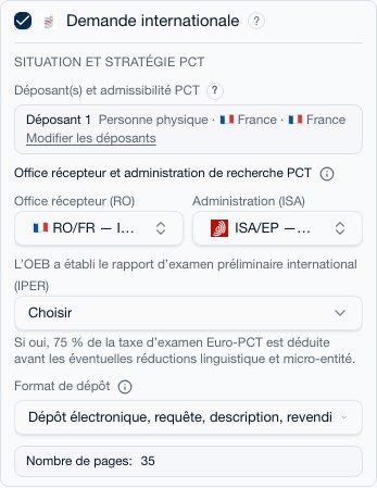 Bloc options du PCT : office récepteur, administration de recherche, format de dépôt et nombre de pages