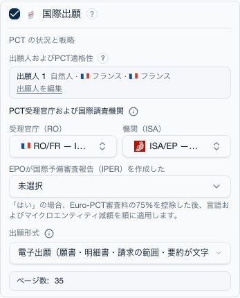 PCT オプション区画：受理官庁、国際調査機関、出願形式、ページ数