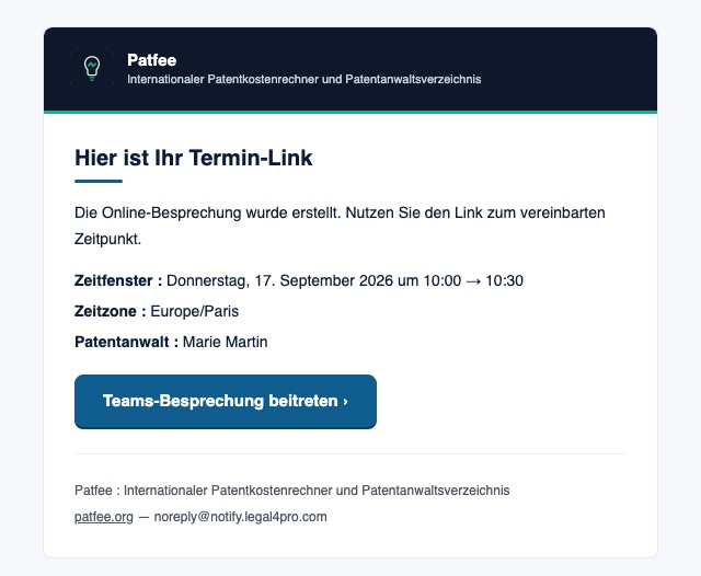 Microsoft-Teams-Terminbestätigung an den Anfragenden nach der Annahme durch einen Vertreter