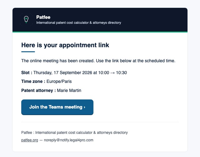 Microsoft Teams appointment confirmation sent to the requester after an attorney accepts