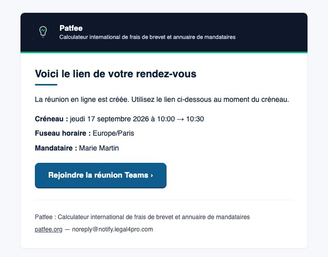 Confirmation du rendez-vous Microsoft Teams envoyée au demandeur après acceptation par un mandataire