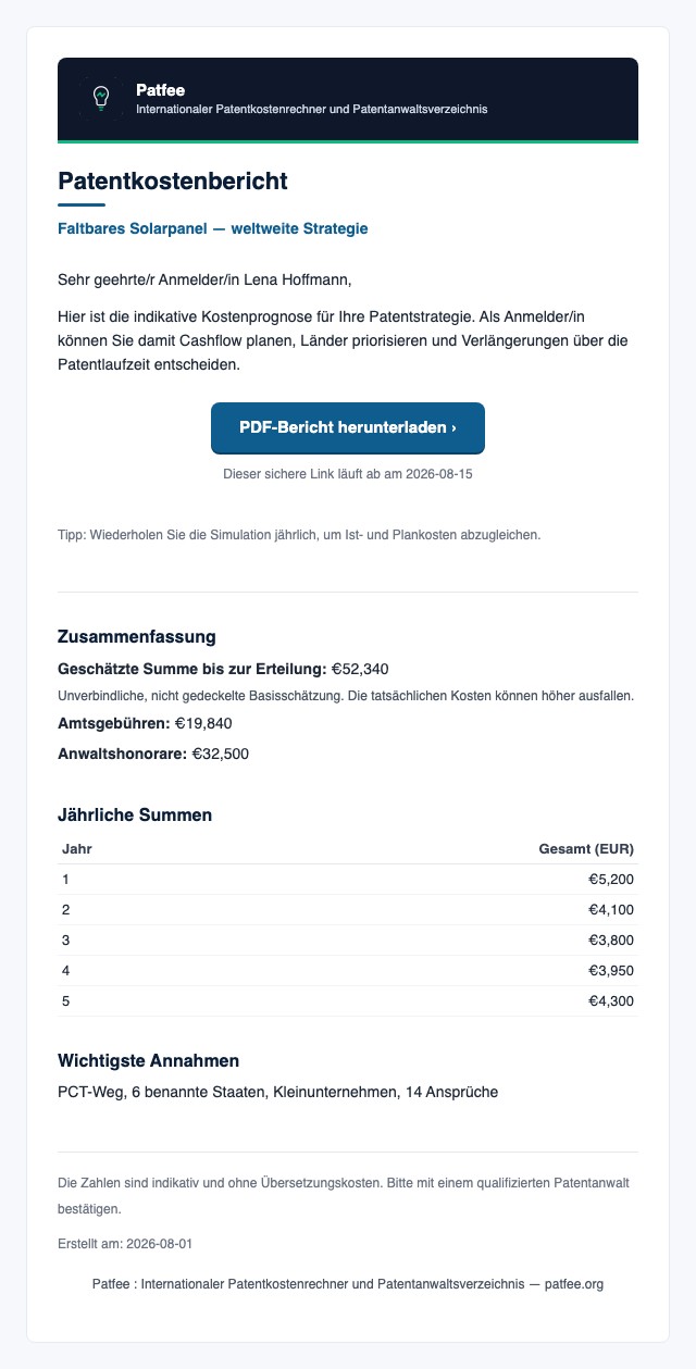 Beispiel-E-Mail mit dem Kostenbericht, dem gesicherten PDF-Link und der Zusammenfassung sowie – für Patentanwälte – der privaten Einladung zum Verzeichnis