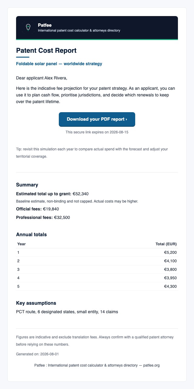 Example cost report e-mail with the secure PDF link and the summary of totals and, for the attorney role, the private invitation to join the directory