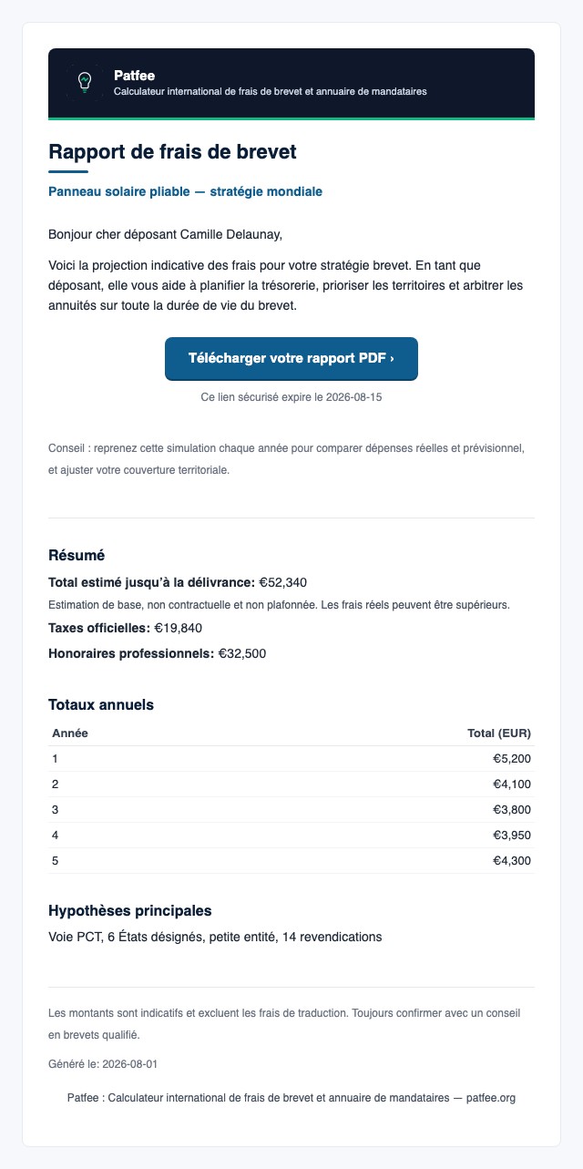 Exemple d'e-mail de rapport de frais avec le lien PDF sécurisé et le résumé des totaux et, pour le rôle mandataire, l'invitation privée à rejoindre l'annuaire